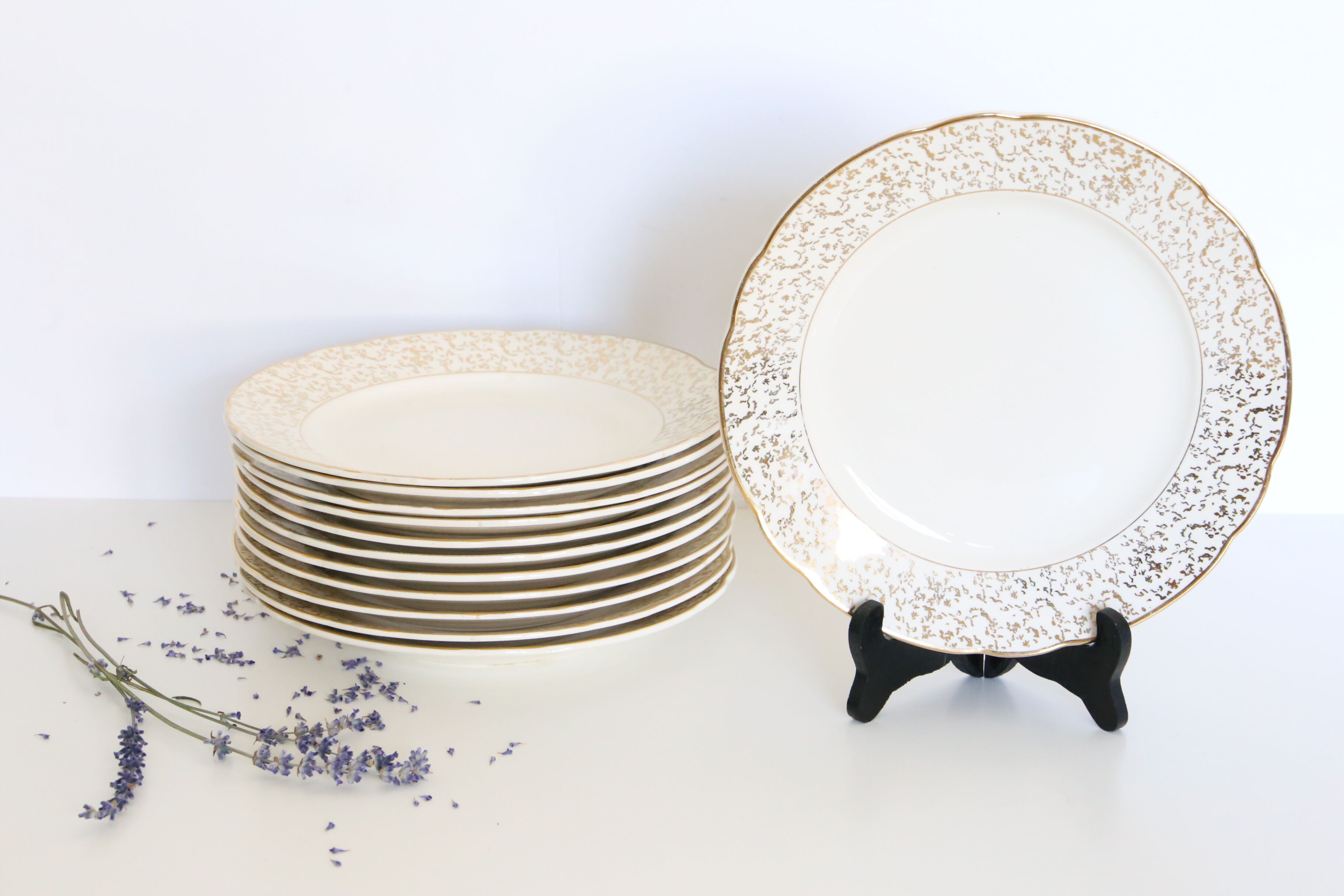 Villeroy and Boch flat plate service, batch of 12 plates, vintage, ceramic, white, gold, parties, vintage, chic