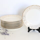 Villeroy and Boch flat plate service, batch of 12 plates, vintage, ceramic, white, gold, parties, vintage, chic