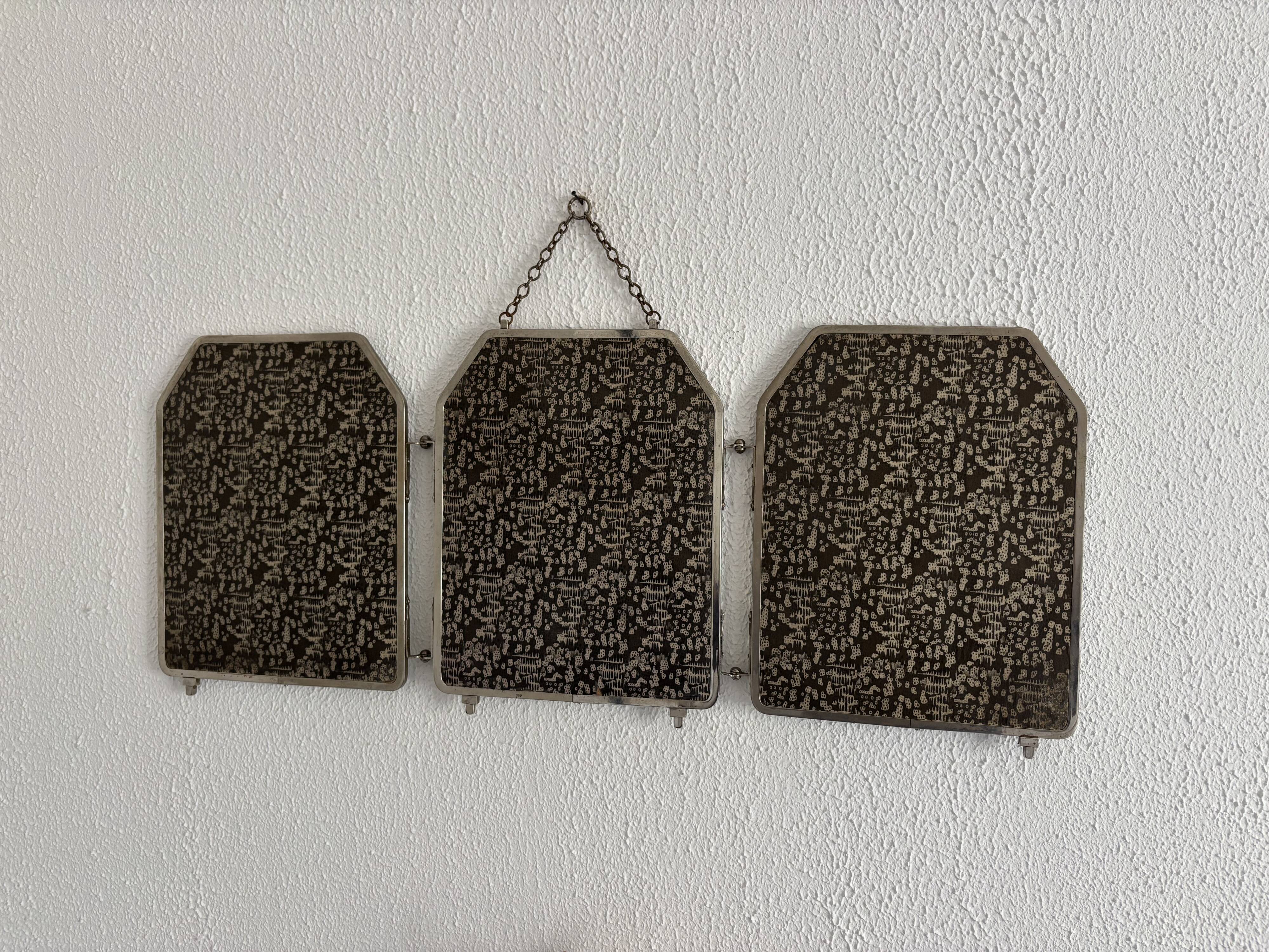 Miroir vintage 1920 triptyque barbier Art Déco cristal hexagone- 33 x 78 cm