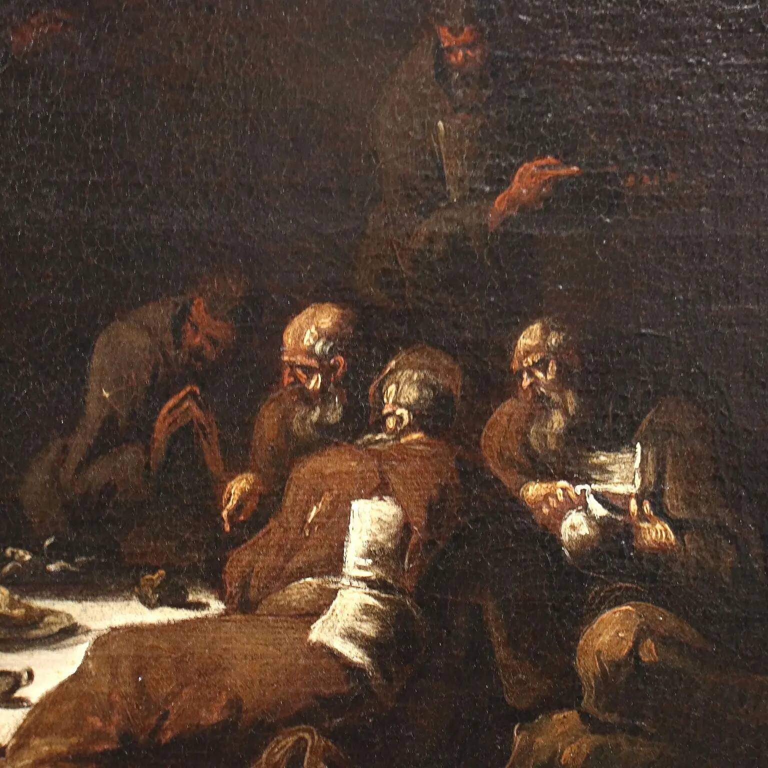 The monks' lunch, oil on canvas, Genoese school, Italy 18th century.