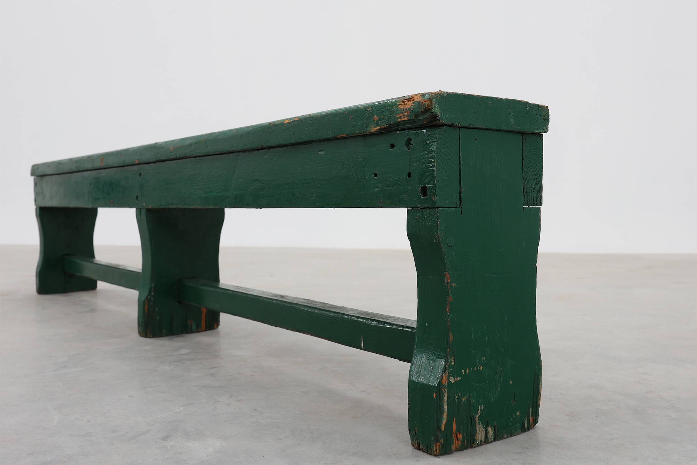 Rustic primitive green farmhouse bench in solid oak, France ca. 1900