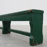Rustic primitive green farmhouse bench in solid oak, France ca. 1900