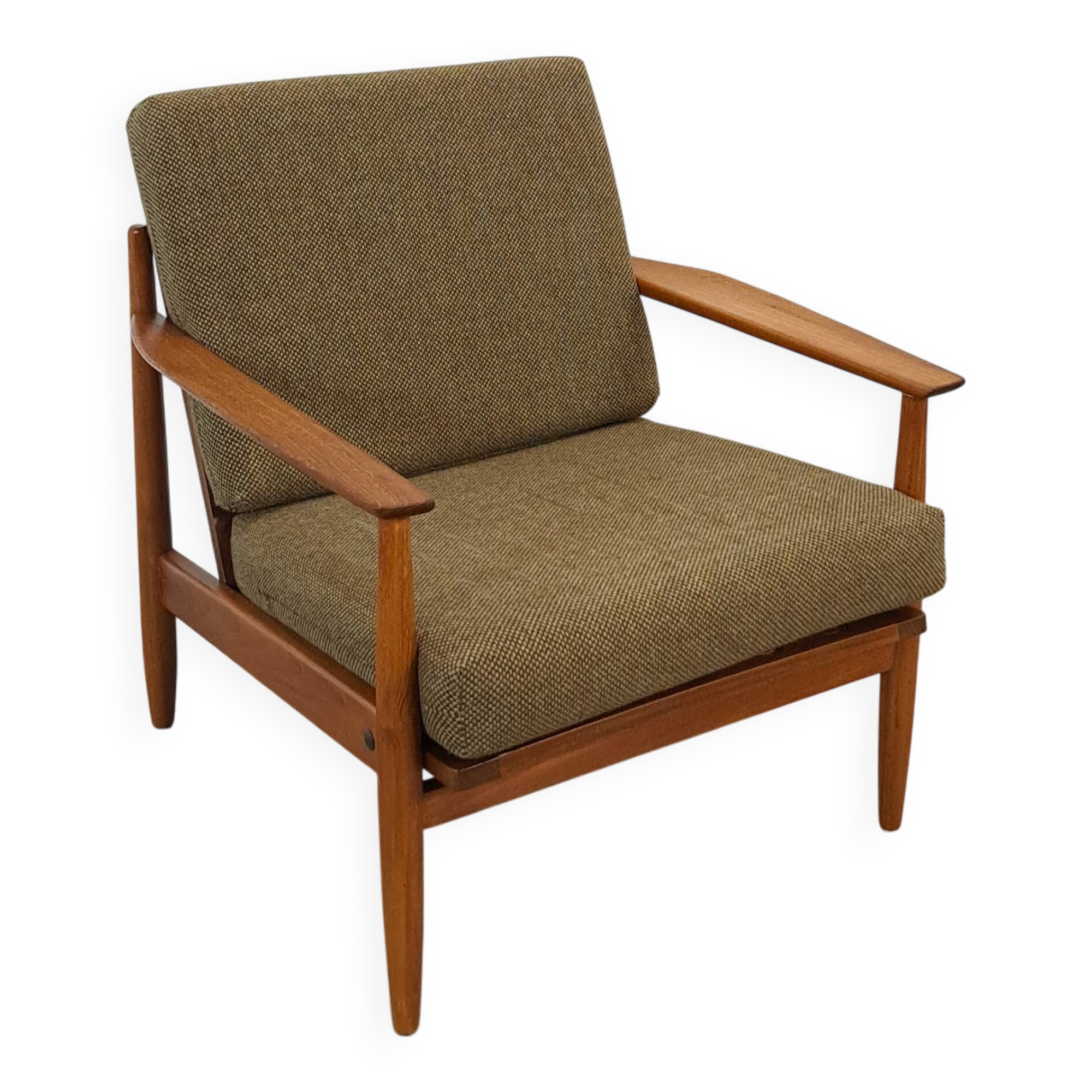 Teak Scandinavische fauteuil met bruin stoffen kussens, stoel 2