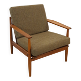 Teak Scandinavische fauteuil met bruin stoffen kussens, stoel 2