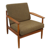 Teak Scandinavische fauteuil met bruin stoffen kussens, stoel 2
