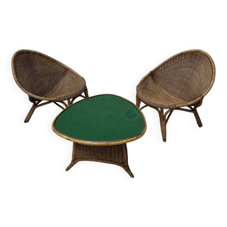 Pair of 1960s rattan armchairs and coffee table