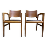 Paire de fauteuils en bois et cuir, années 1950
