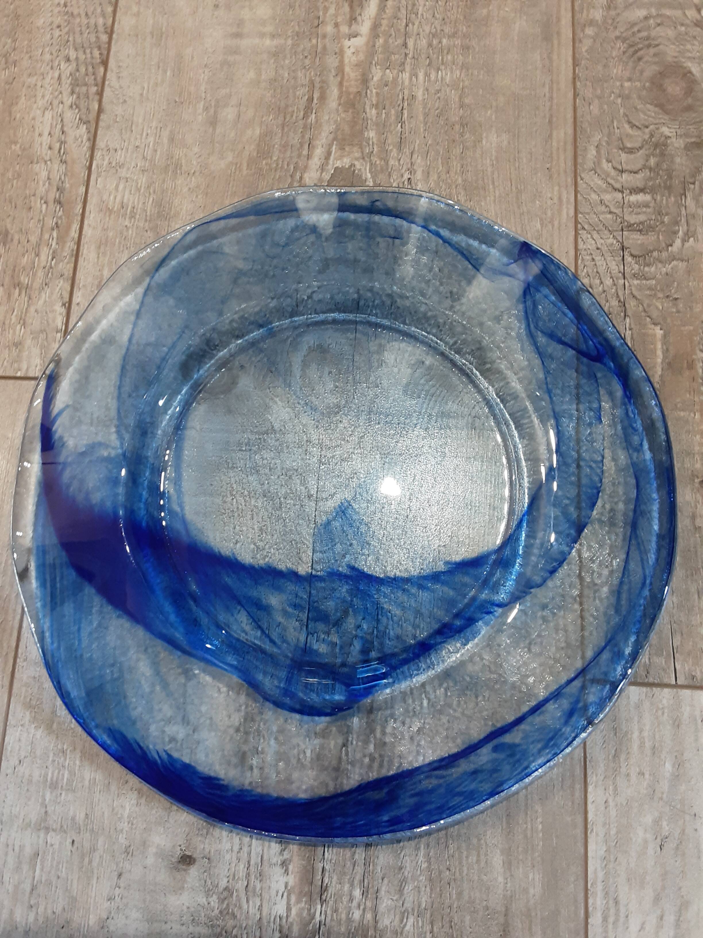 Large round blue crystal dish