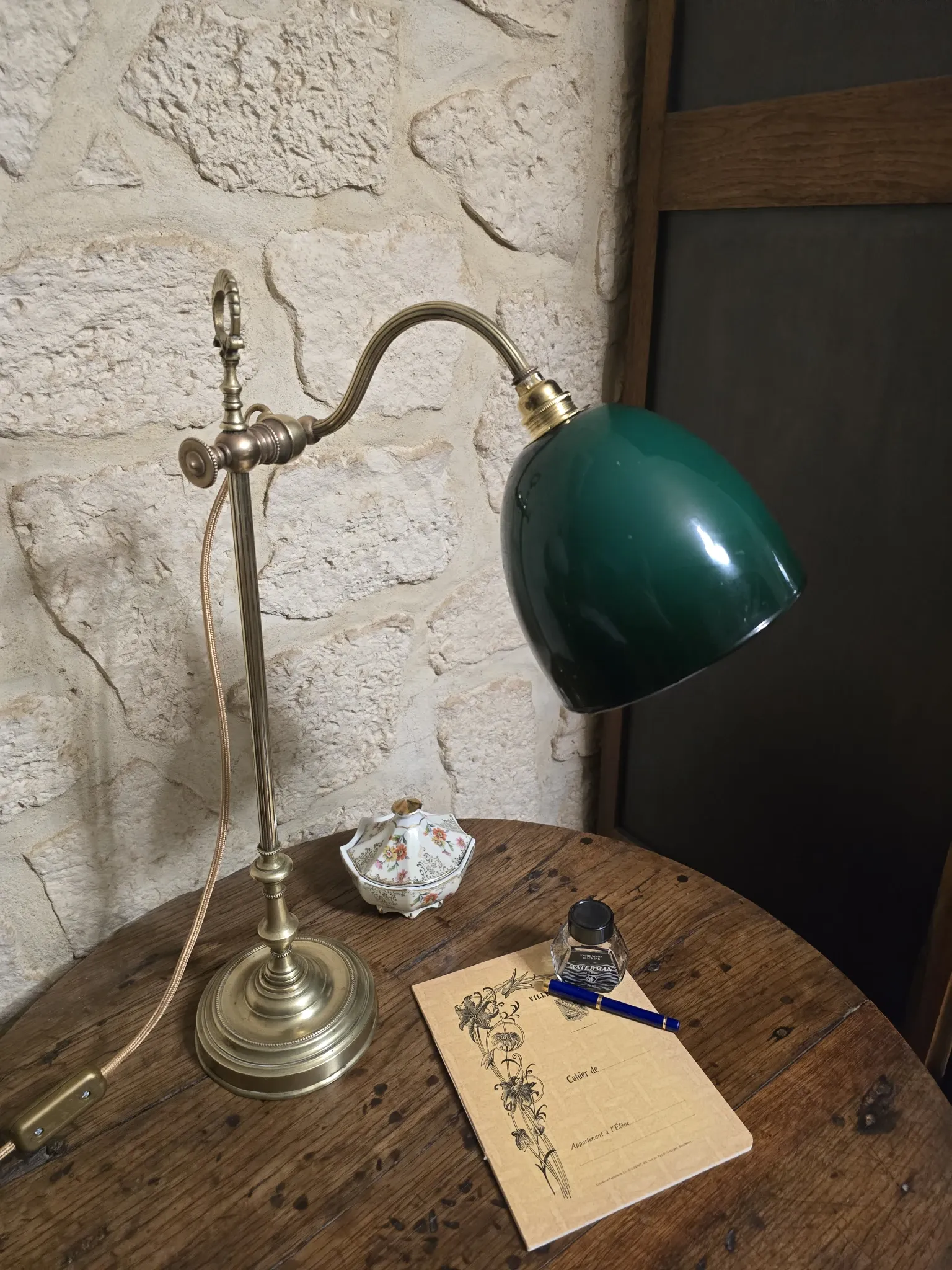 antique brass desk lamp – green shade – adjustable arm
