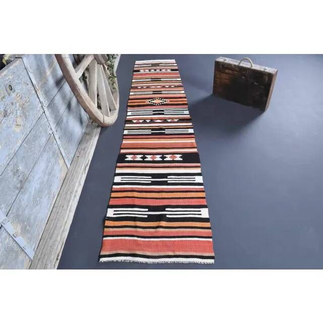 Vintage Turkish Oushak handmade wool cotton orange kilim runner rug 60x295