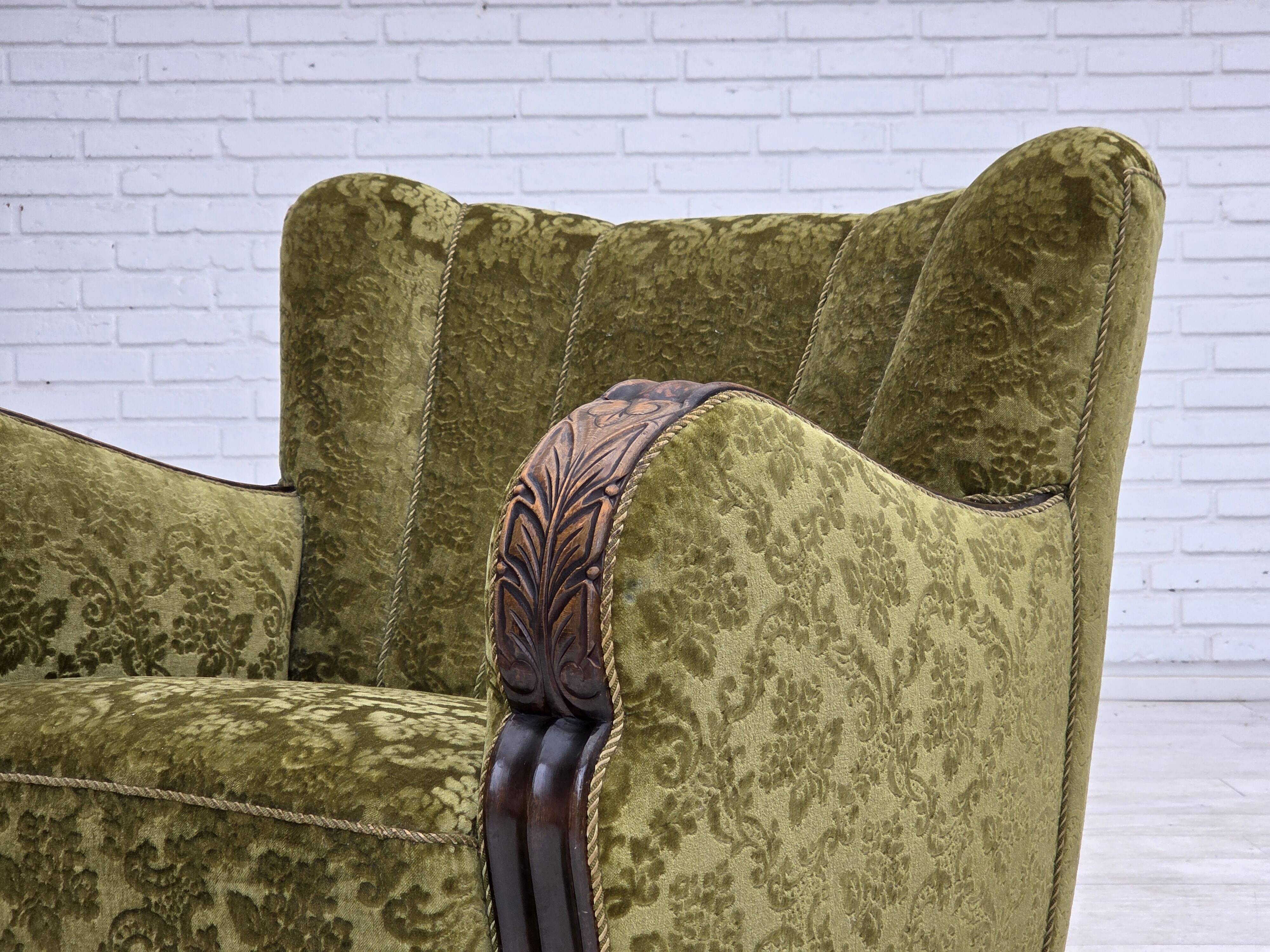 1950s, Danish relax chair, furniture velour, oak wood.