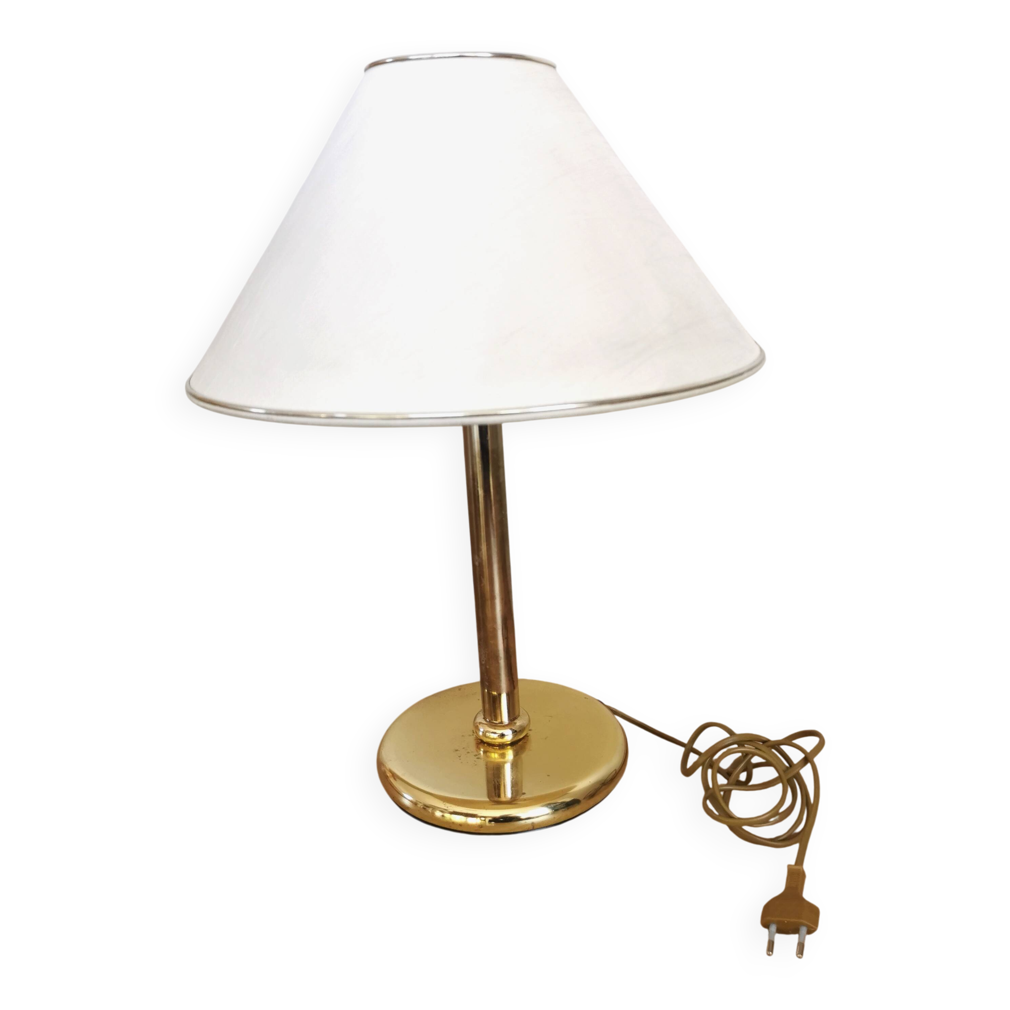 Vintage Brass Table Lamp with Fabric Shade, Mid-Century Bedside Light