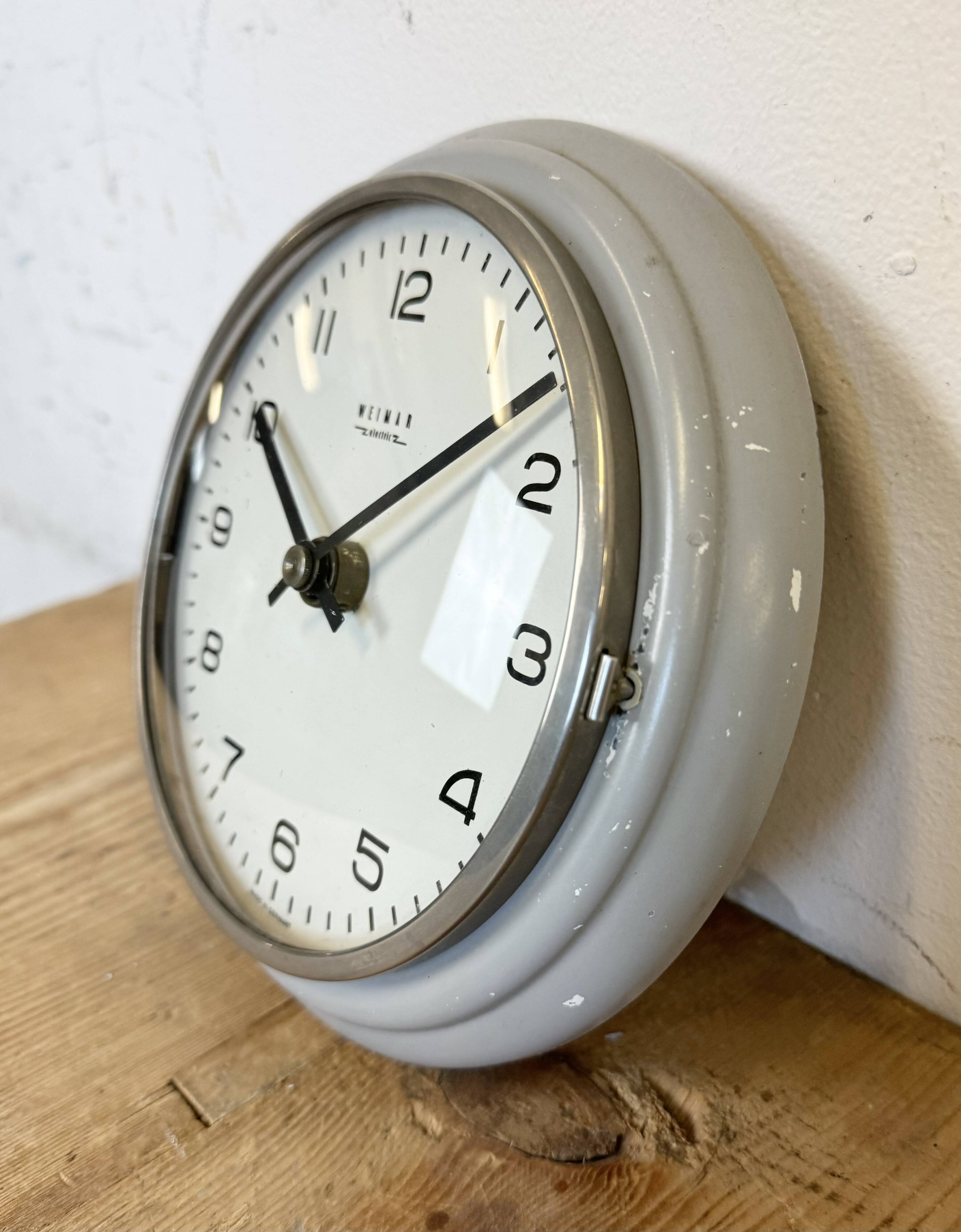 Vintage grey east german wall clock from weimar electric, 1970s