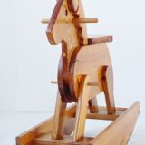 Superb horse rocking in 1970-1980 vintage seventies French rocking horse pine