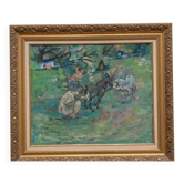 Tableau huile sur toile, chèvres et paysannes, 1930