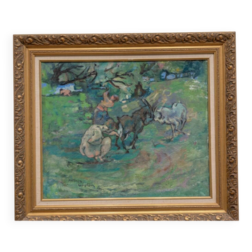 Oil painting, goats and peasant women, 1930
