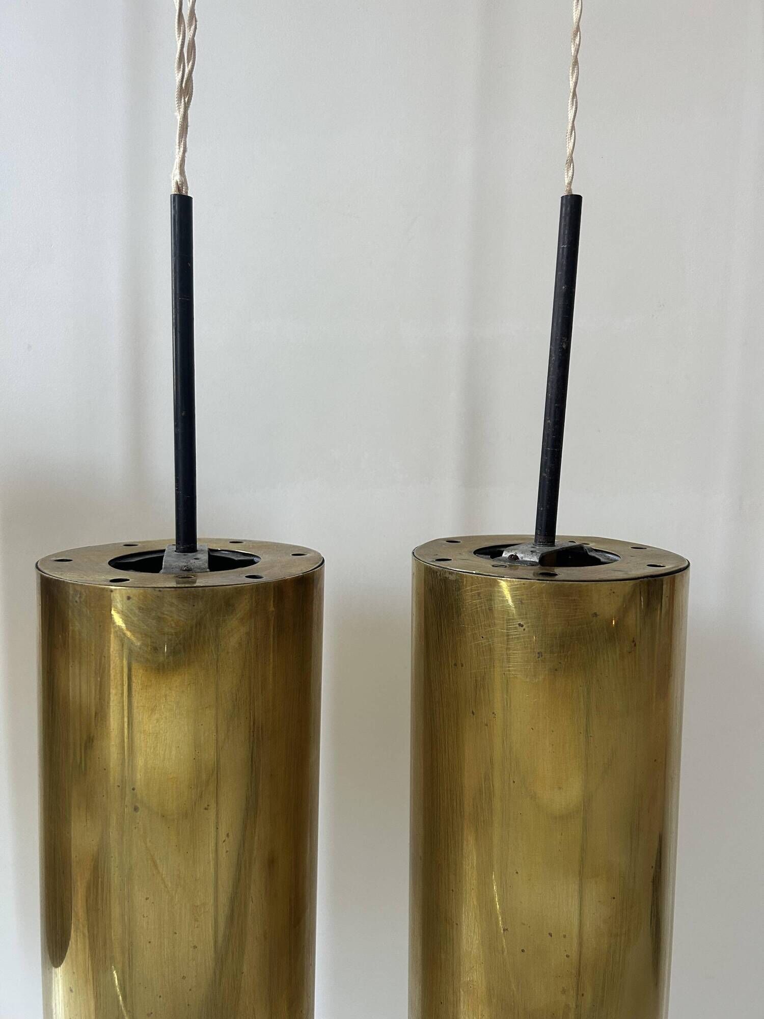 Set of 3 vintage pendant lights in solid brass, France 1960s
