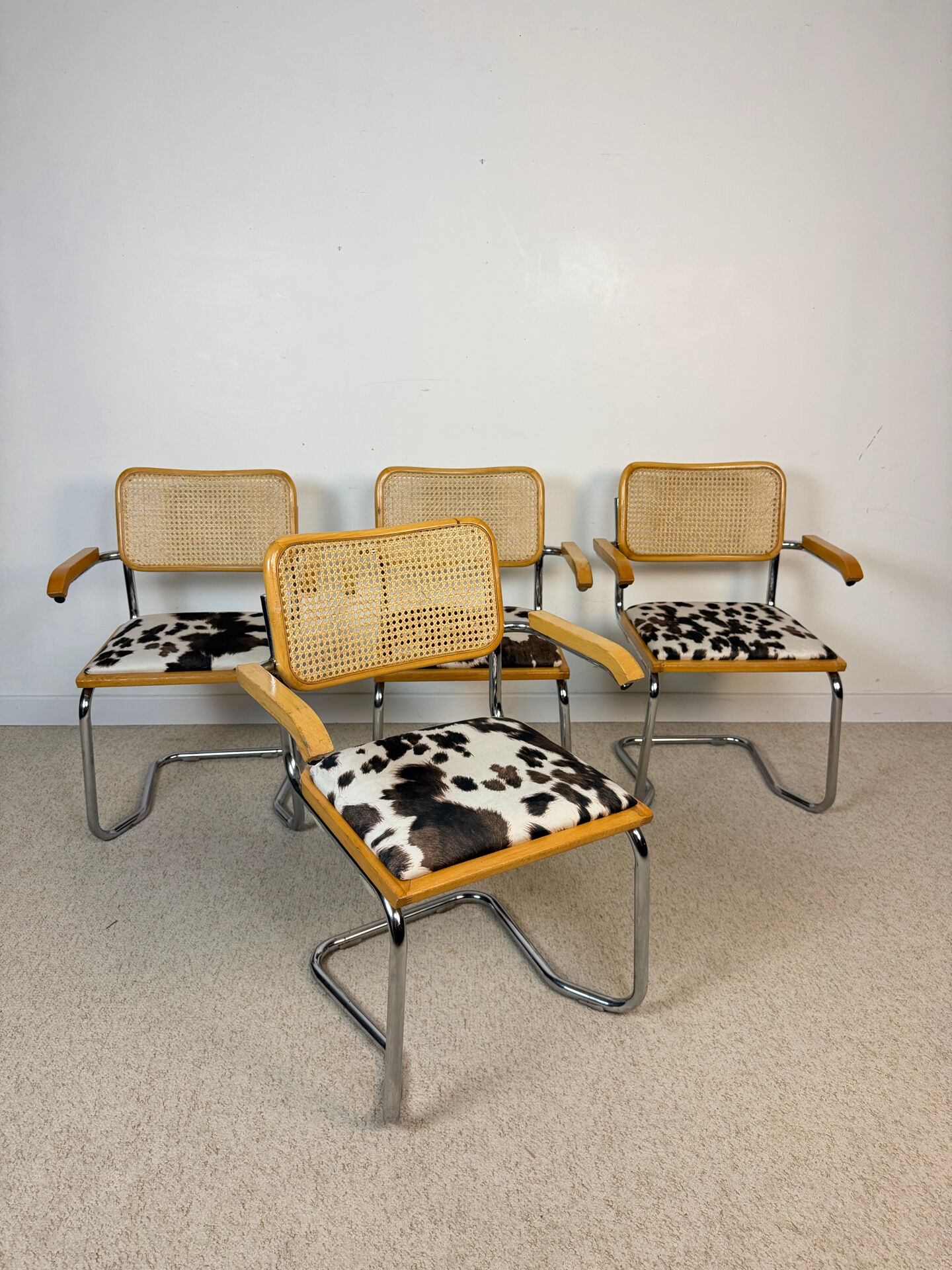 4 fauteuils cannés chrome et bois années 70