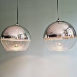 Pair of large Space Age pendant lights in clear glass and chrome, 1970s