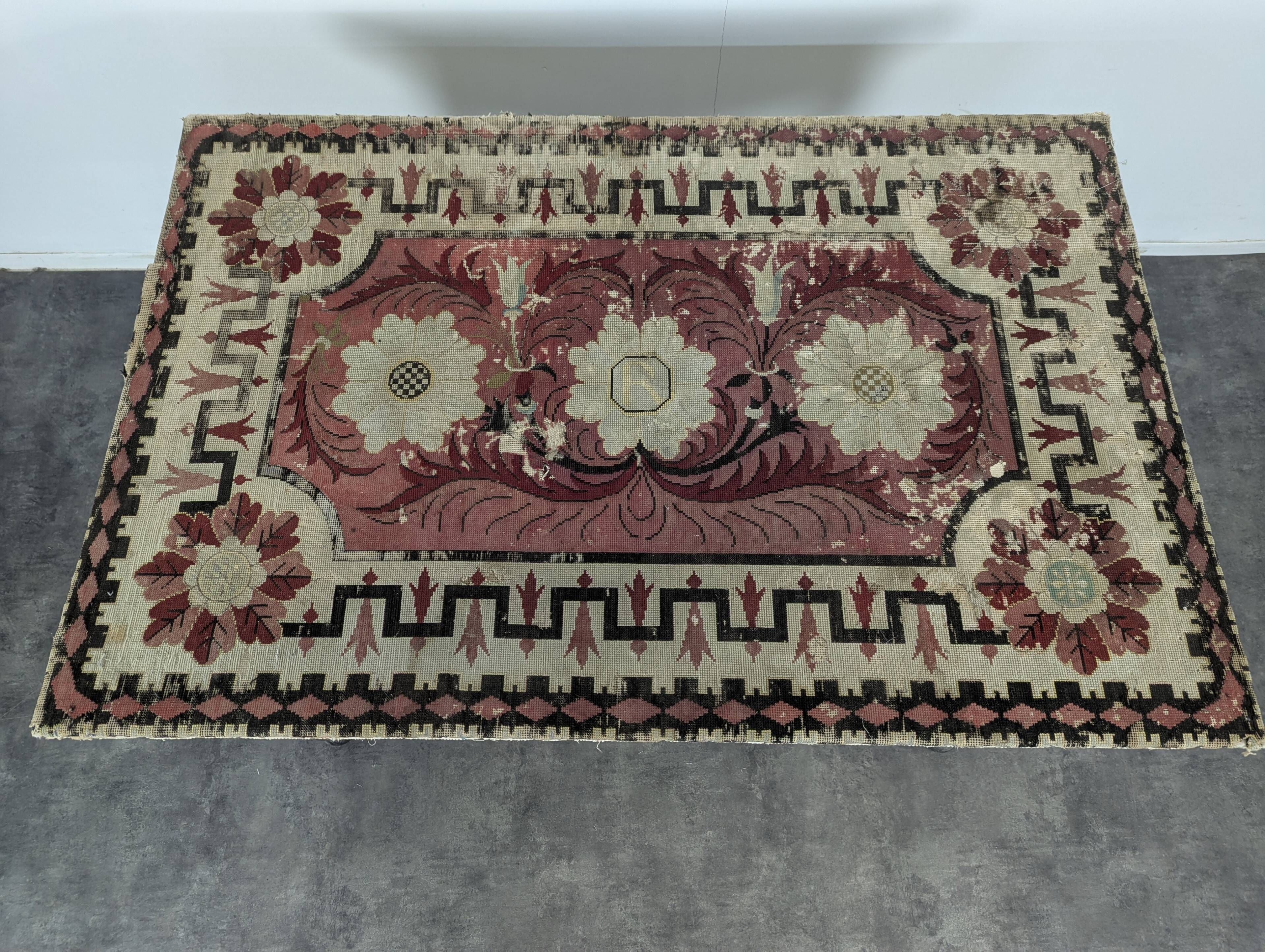 Louis XIII style table in blackened wood and tapestry