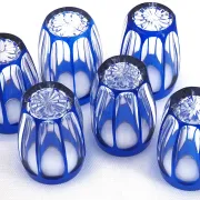 Saint Louis, 6 liqueur glasses, double blue crystal, excellent condition, Art Deco.