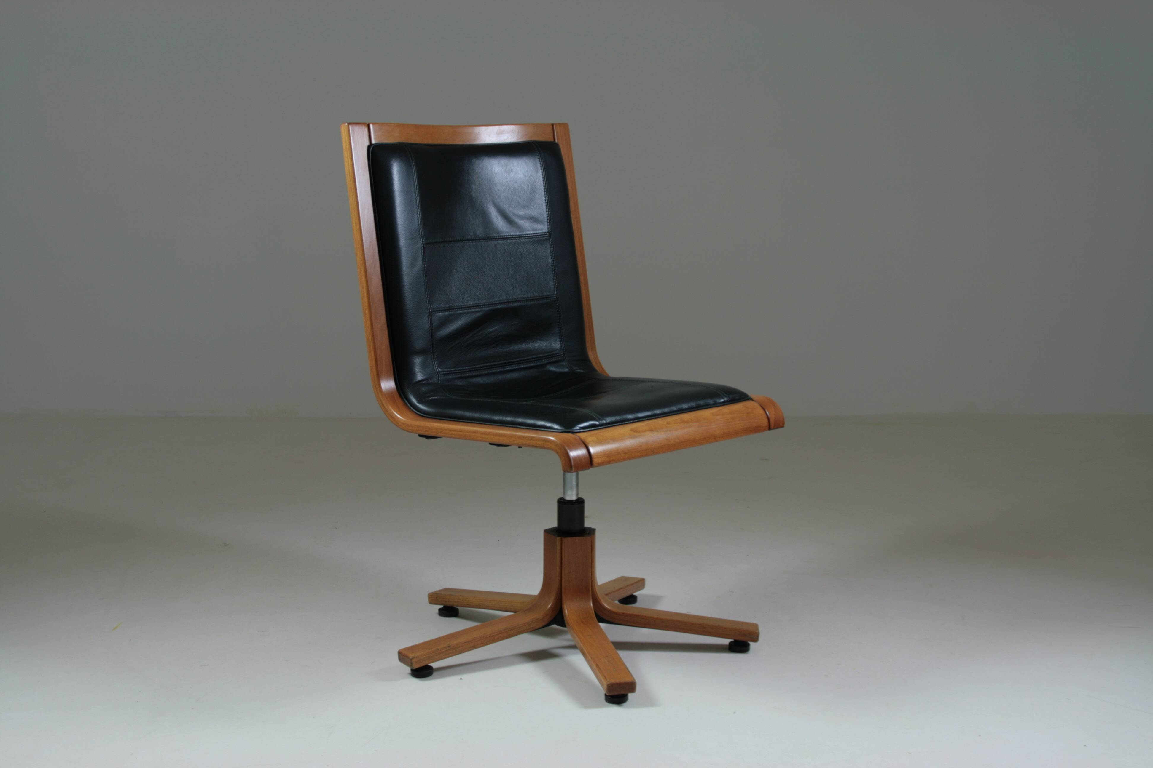 Office armchair in beech and black leather for Cofemo, Italy
