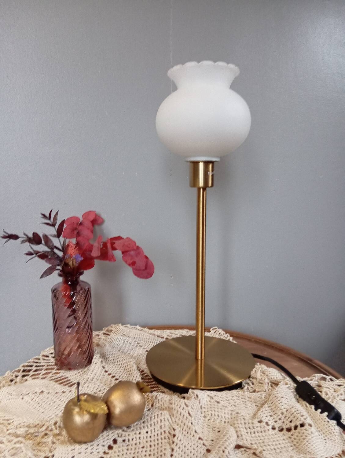 Living room lamp with gold metal base, matt white opaline globe, vintage