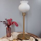 Living room lamp with gold metal base, matt white opaline globe, vintage