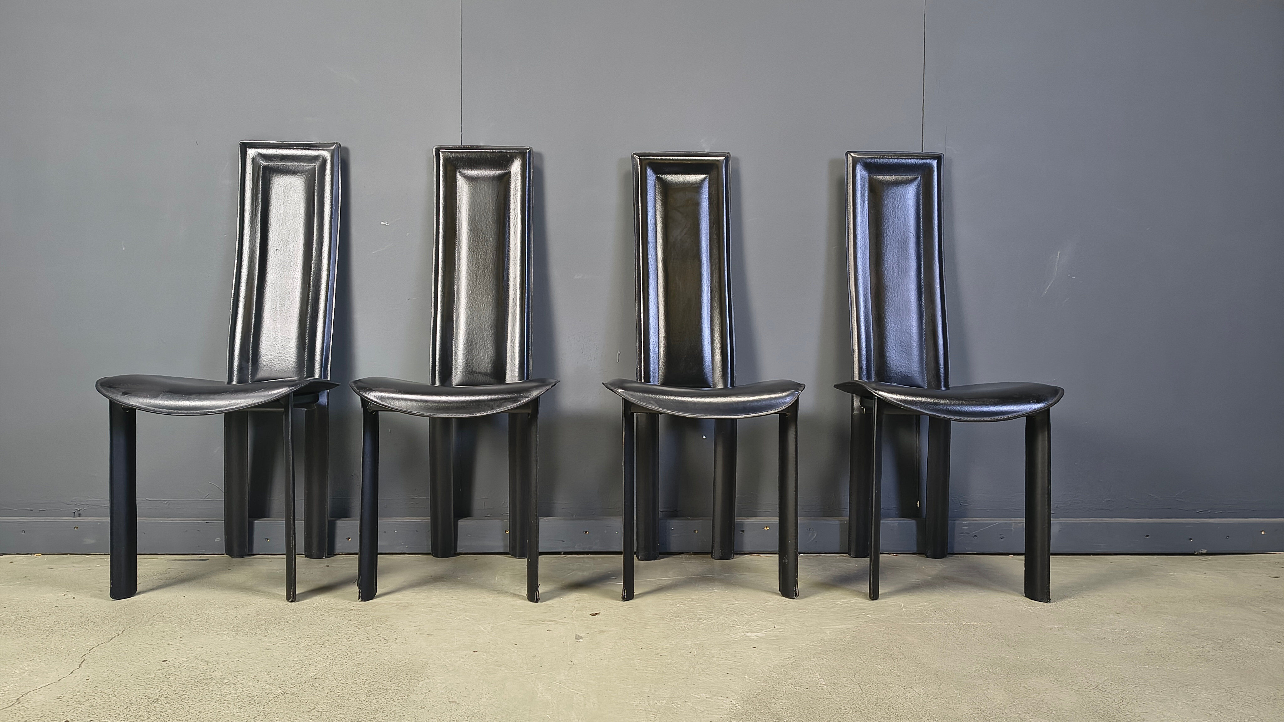 Vintage black leather dining chairs, set of 4, 1980s