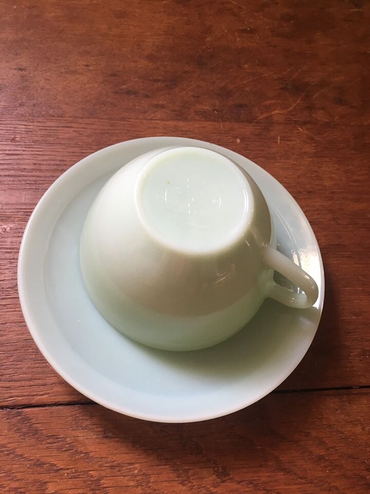 Serves six coffee cups opaline green water 60s.