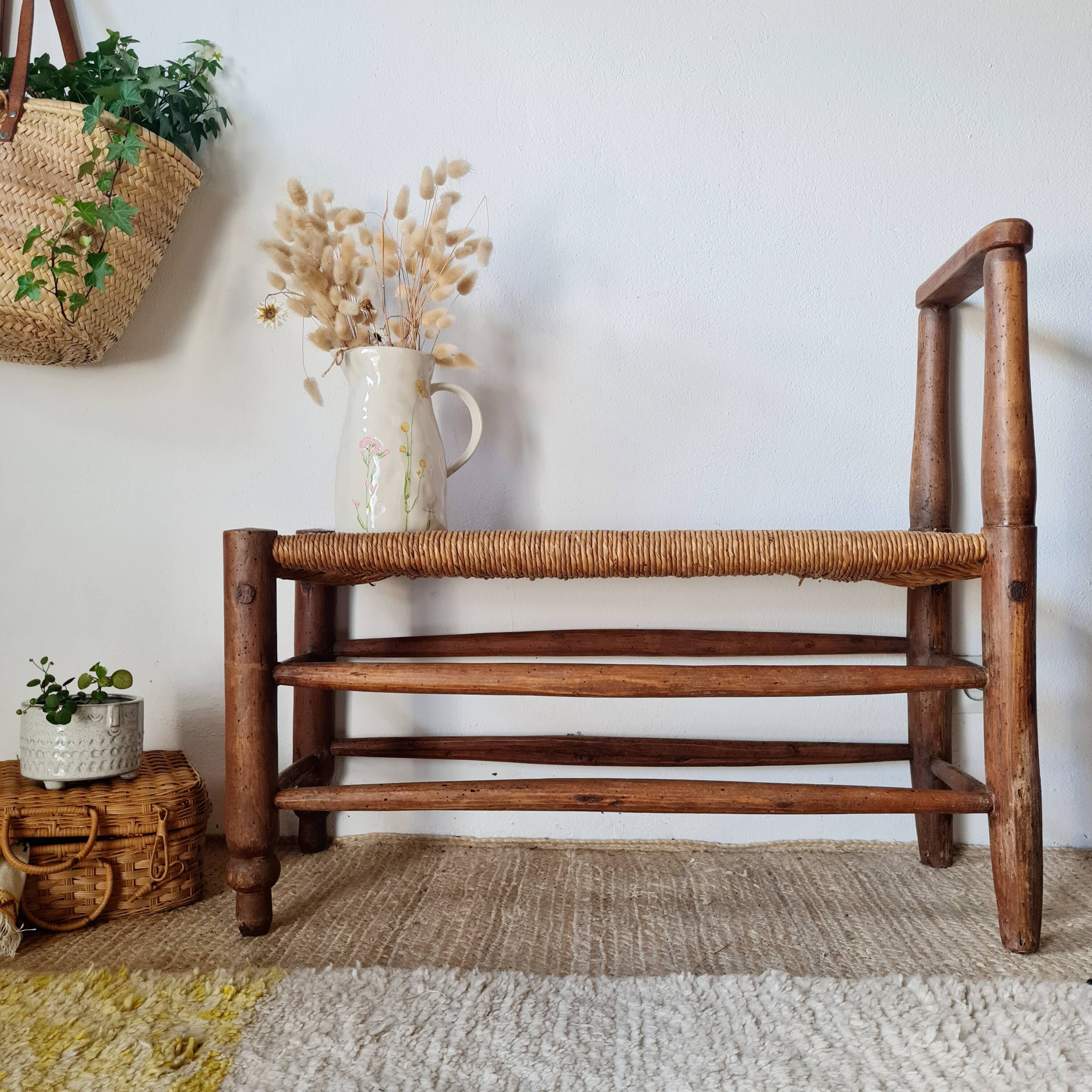 Turned wooden bench and straw - 1950s