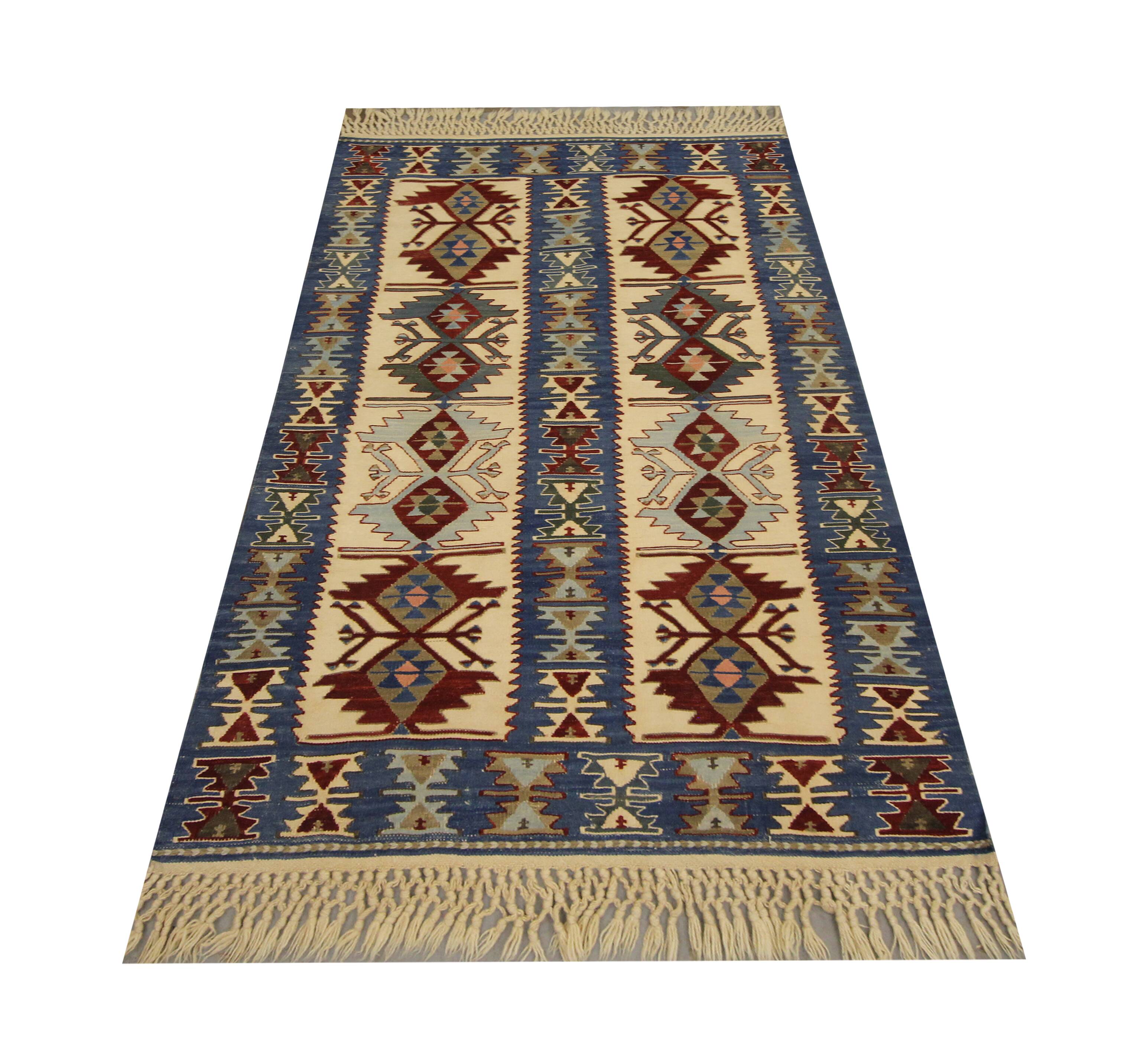 Turkish Antique Kilim Runner Blue Geometric Tribal Hallway Rug 90 x 142 cm