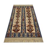 Turkish Antique Kilim Runner Blue Geometric Tribal Hallway Rug 90 x 142 cm