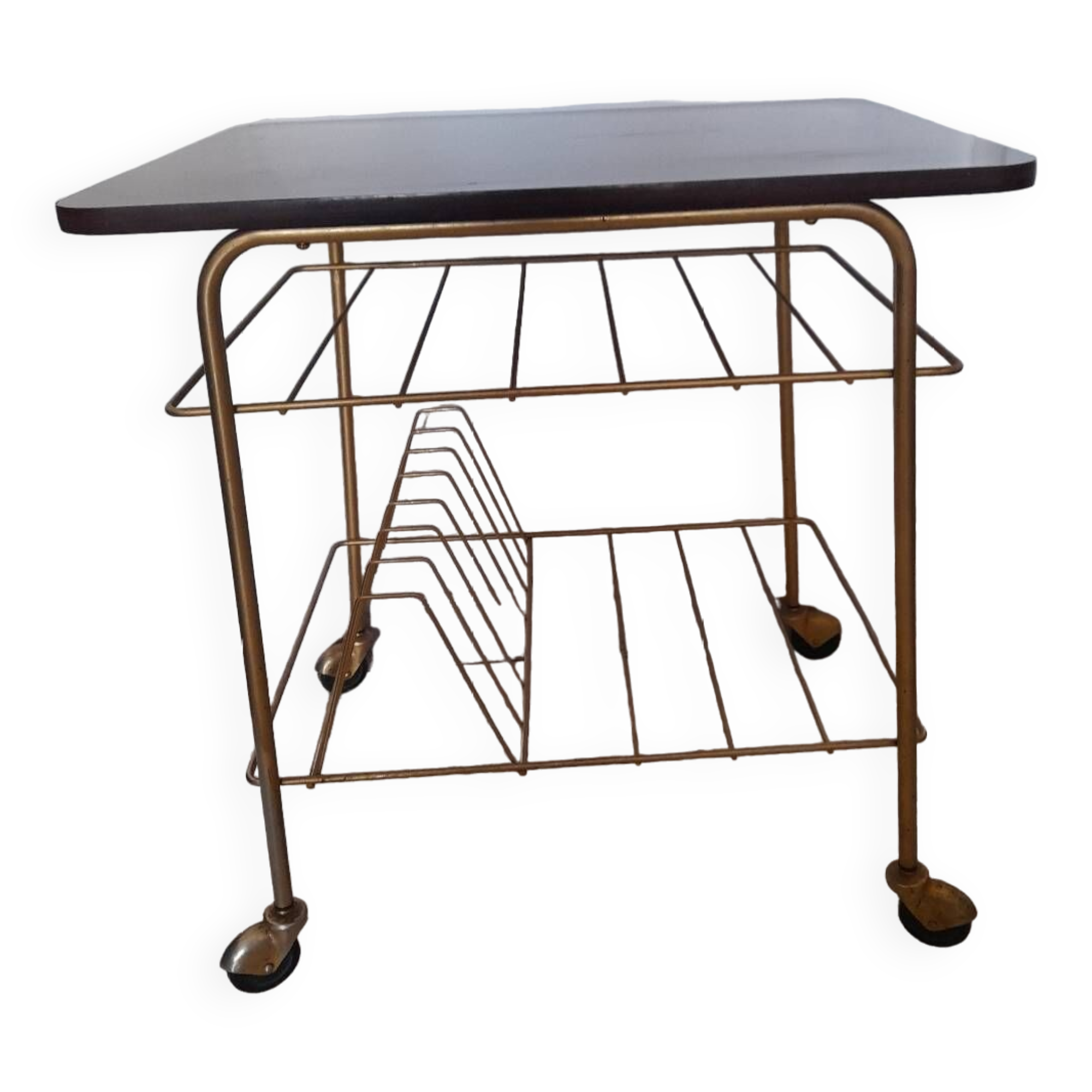 Table roulante - porte-vinyle en formica et métal doré