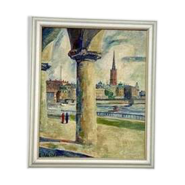 Swedish Oil on Panel “Stockholm Motif” by Emil Hellbom, Vintage & Framed 56×48cm