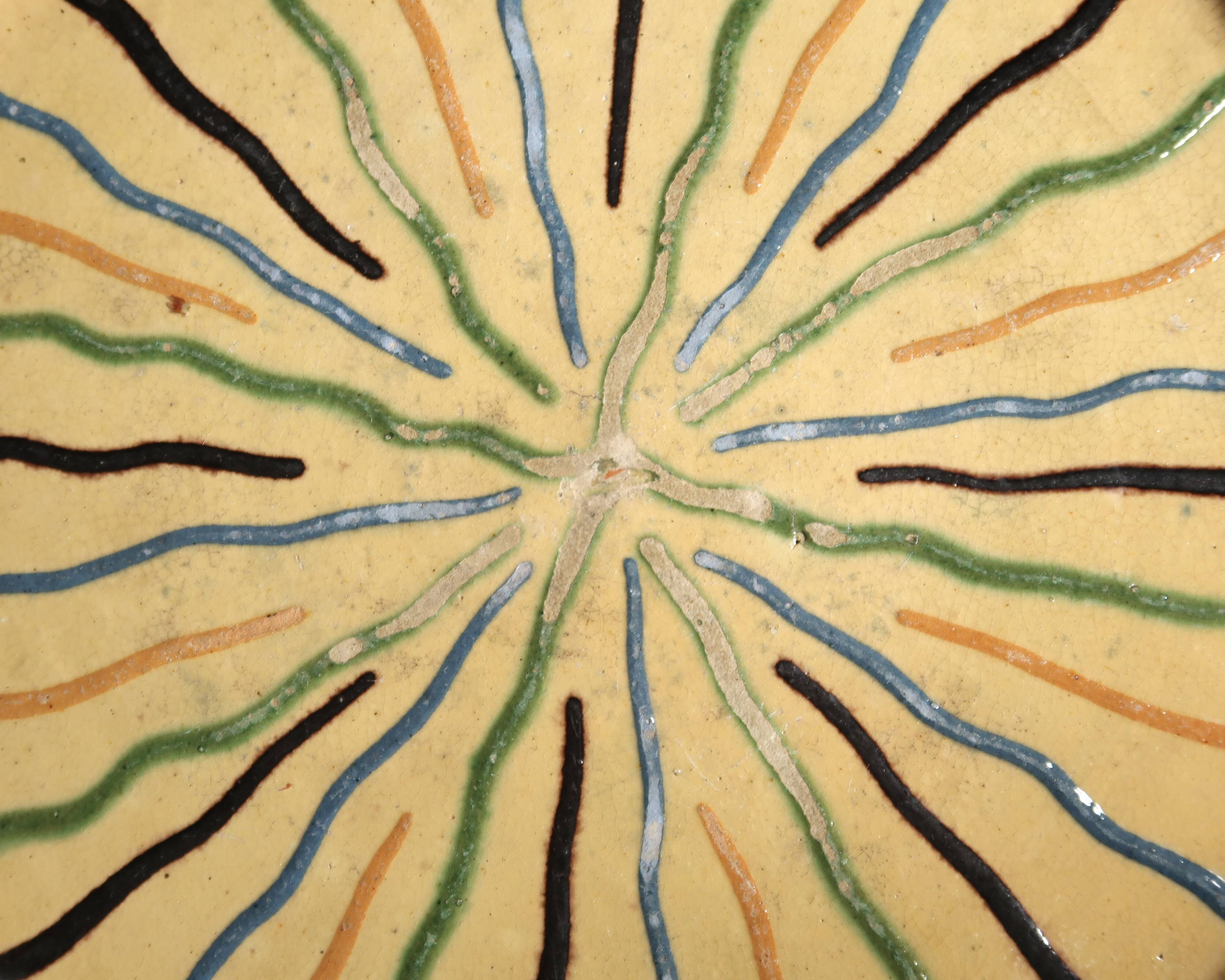 Red Provençal earthenware plate, sun decoration, Folk Art