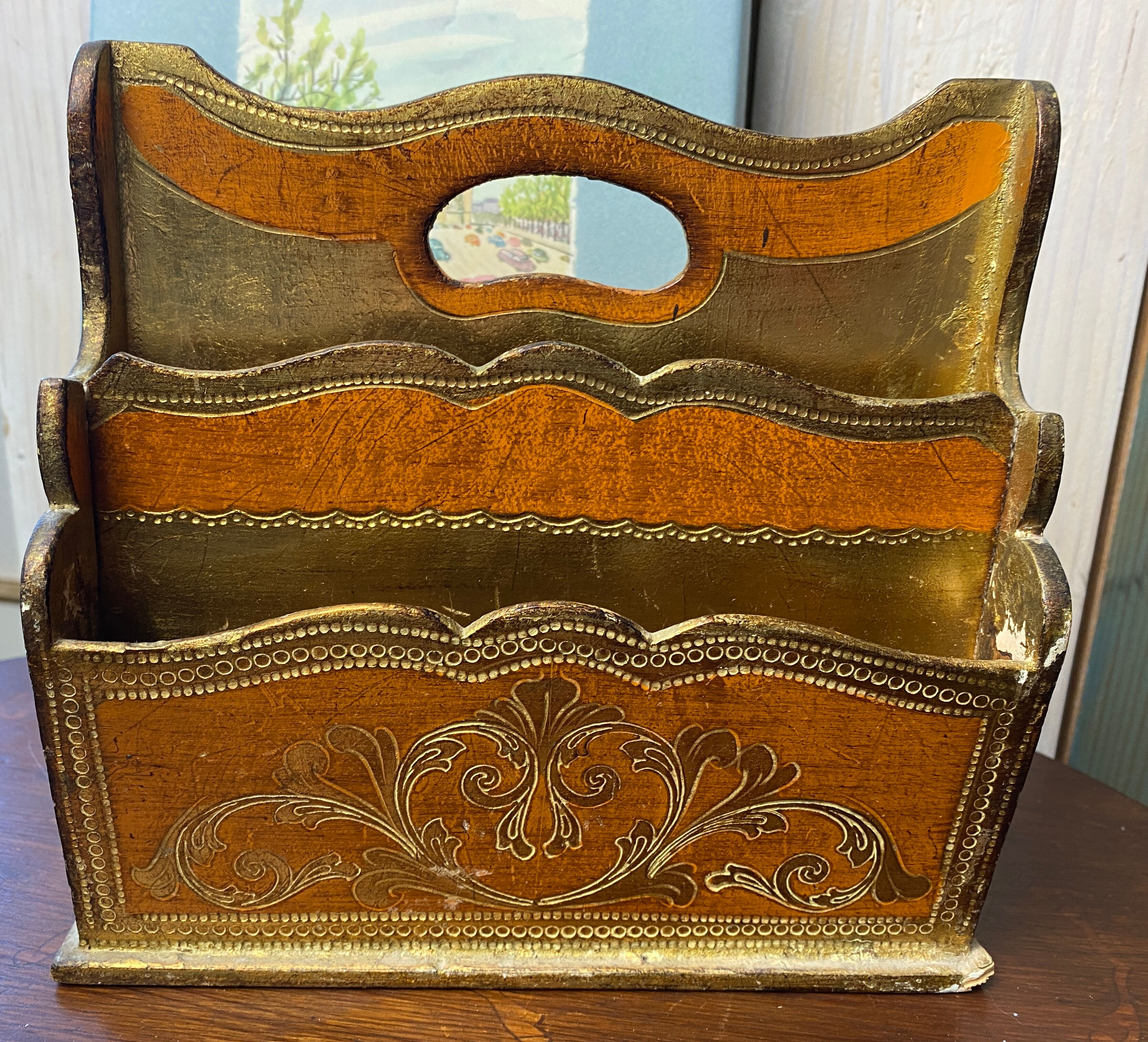 Small mail rack in old Florentine wood