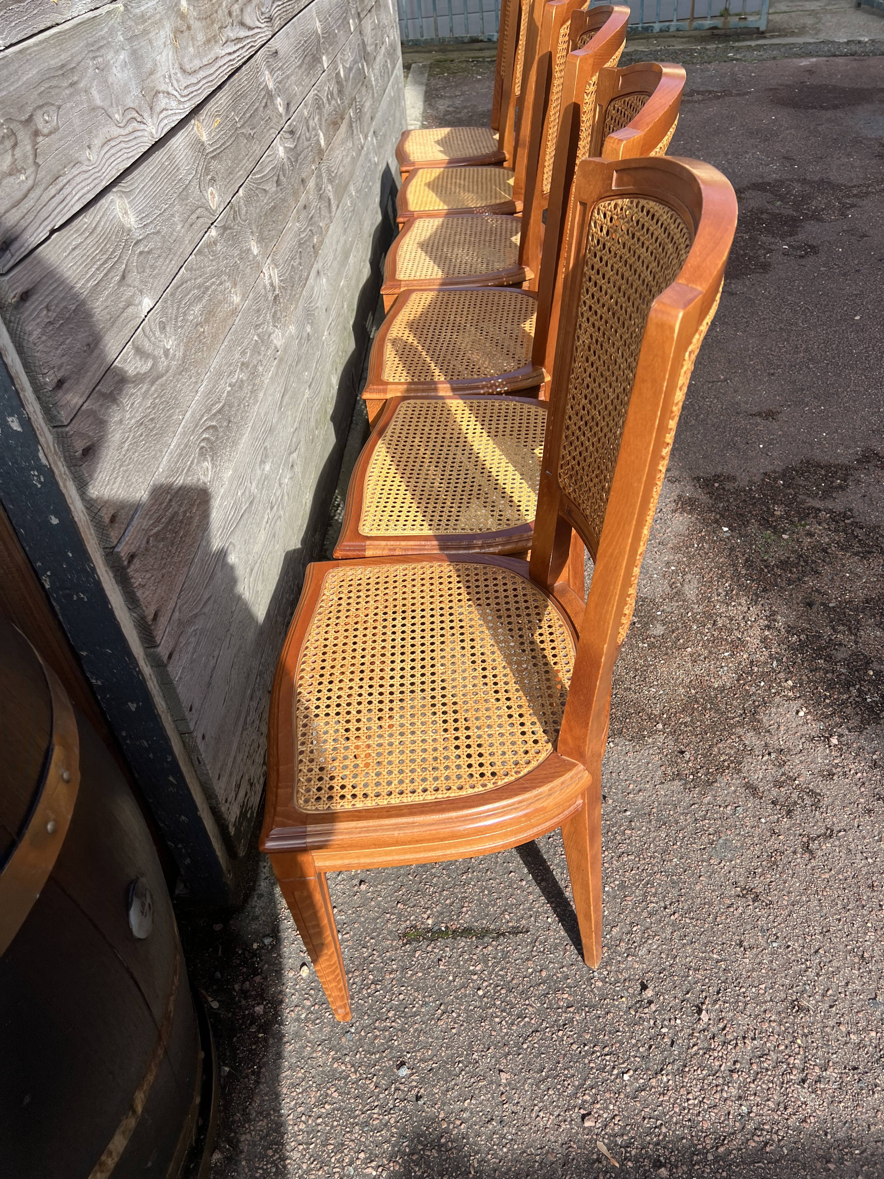 Six Art Deco chairs, 1960s, beech and cane