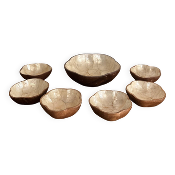 Service Saladier 7 Bowls Wood Inlaid Mother-of-Pearl Capiz Asian Ethnic Decor