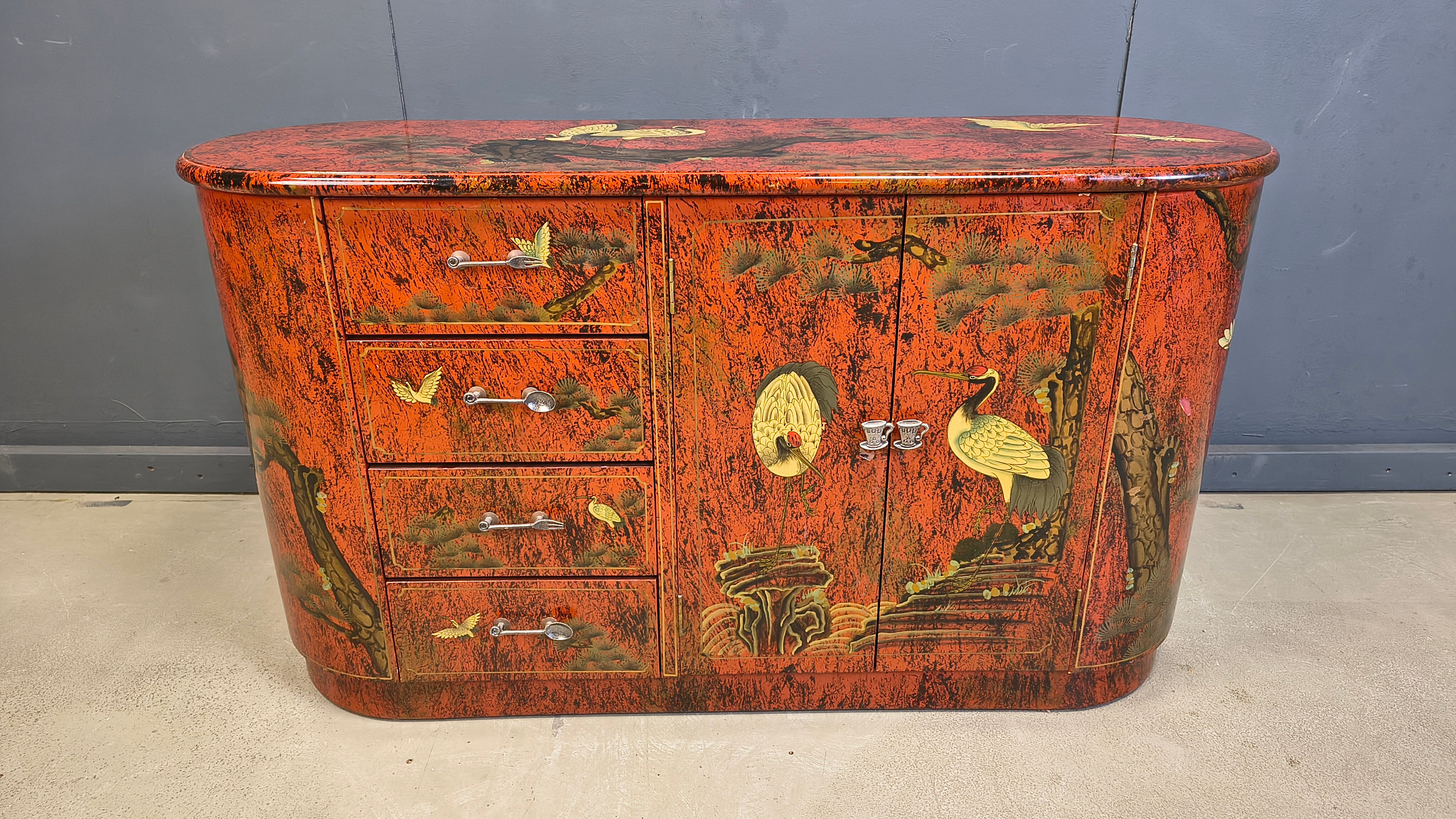 Vintage red chinoiserie cabinet, 1970s