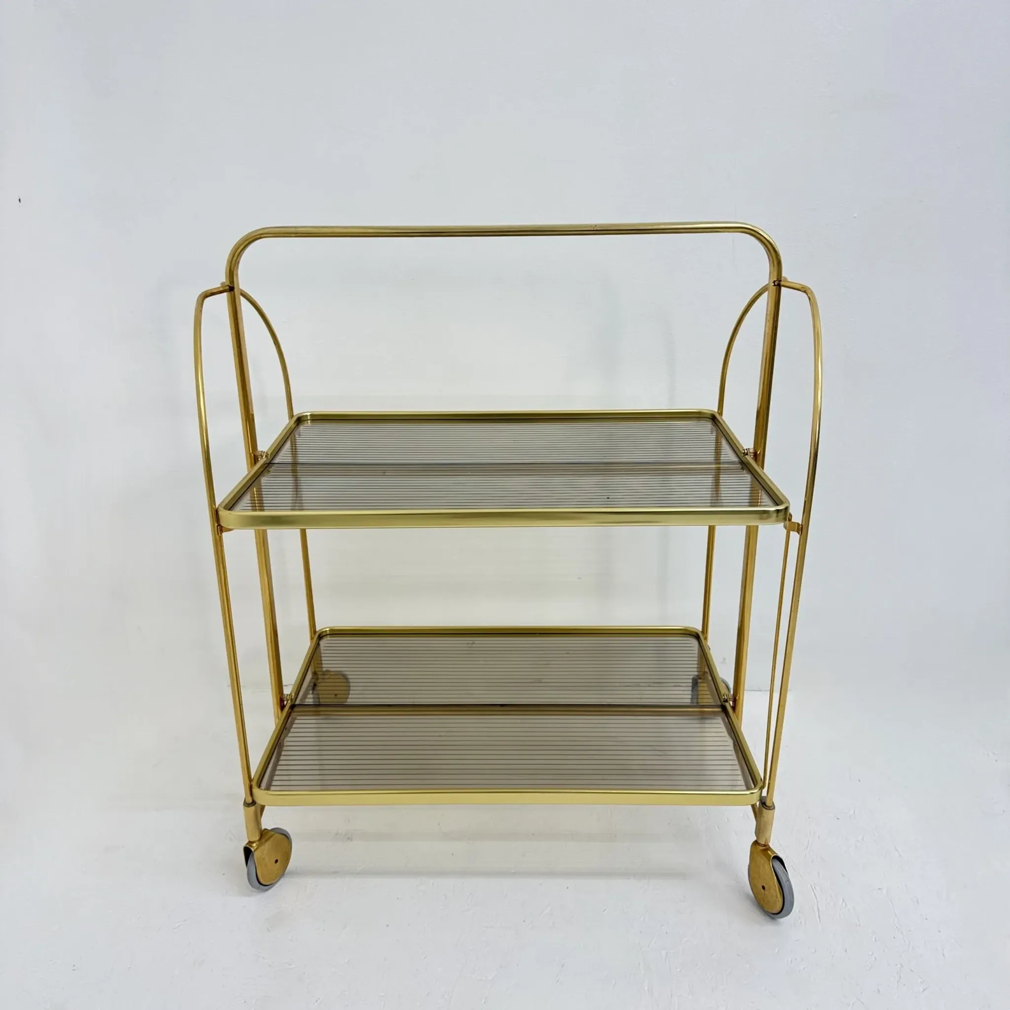 Mid-century modern folding bar cart in brass and ribbed acrylic glass, 1970s