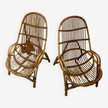 Pair of rattan armchairs with armrests 60s/70s