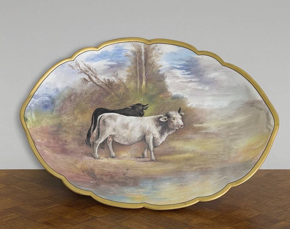 Large decorative plate made of hand-painted porcelain – Countryside scene with cattle