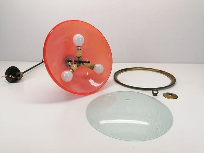 Vintage glass and brass pendant lamp / Italy, 60s