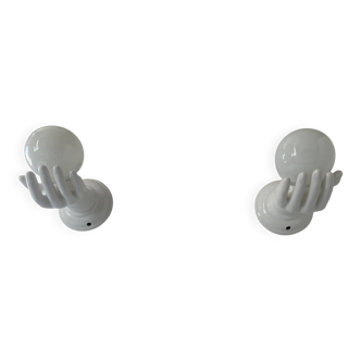 Pair of vintage "hand" wall lights, porcelain and opaline, France 1970