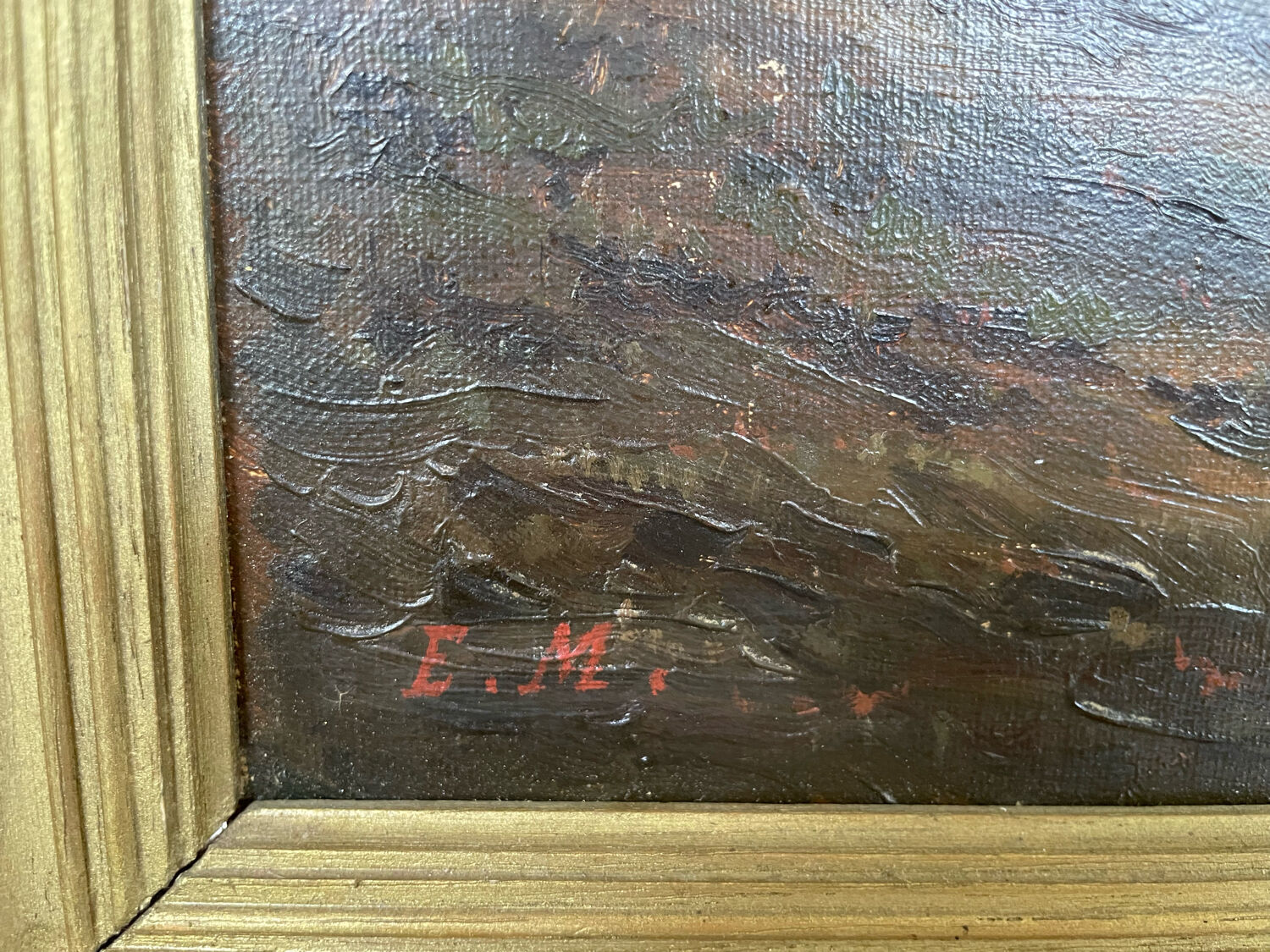Oil painting of a riverside signed EM