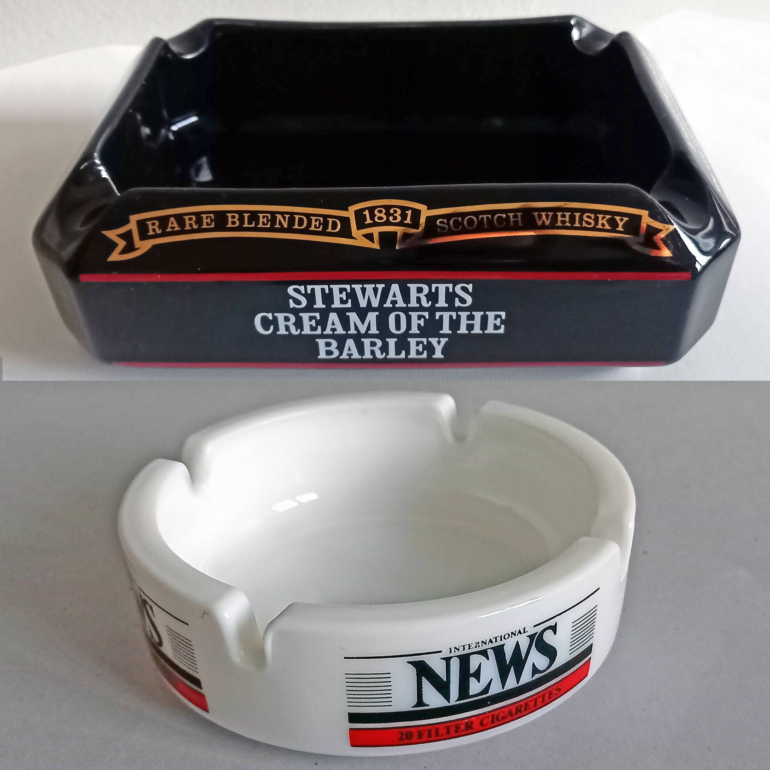Set 2 advertising ashtrays Collection "International News" "Stewarts Cream Of The Barley" Vintage