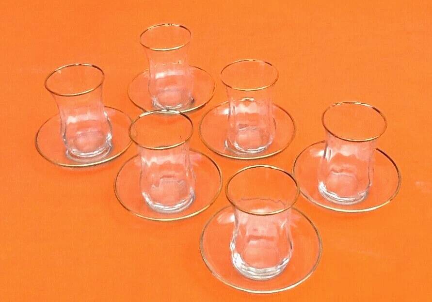 Tea service for 6 glasses / 6 saucers, transparent glass with gilding.