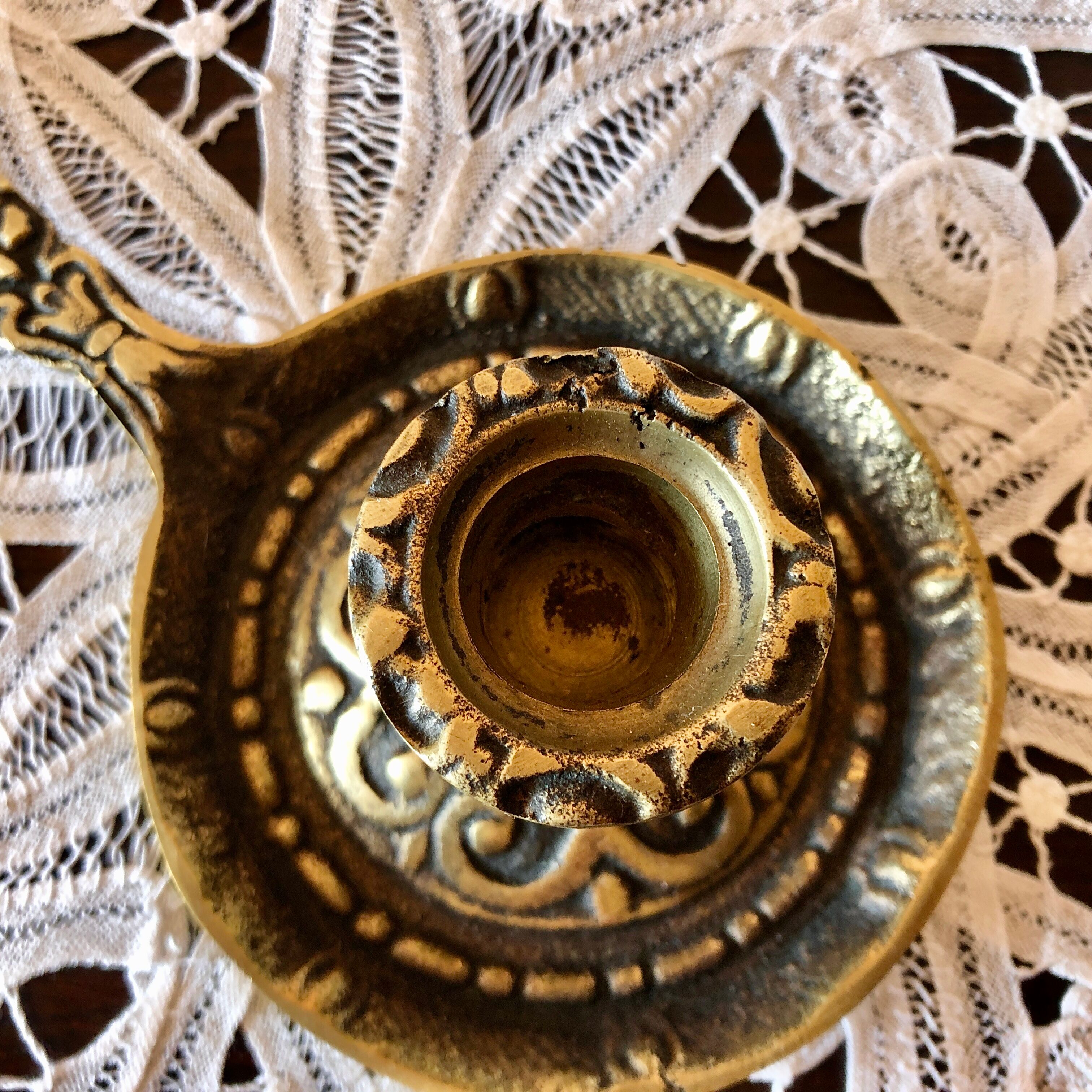 Hand candle holder medieval style solid brass twentieth century