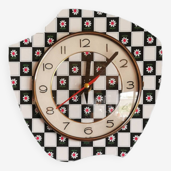 Vintage silent asymmetrical wall pendulum clock "Black and white checkered flowers"